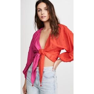 NEW FARM Rio Pineapple Colorblock Blouse Tie Front Beaded Applique Red Pink Sz S